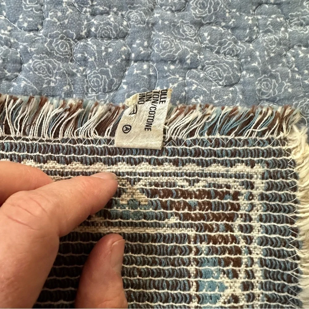 Scandinavian Children Vintage Tapestry w/ Blue & Cream Linen & Cotton Blend 13”